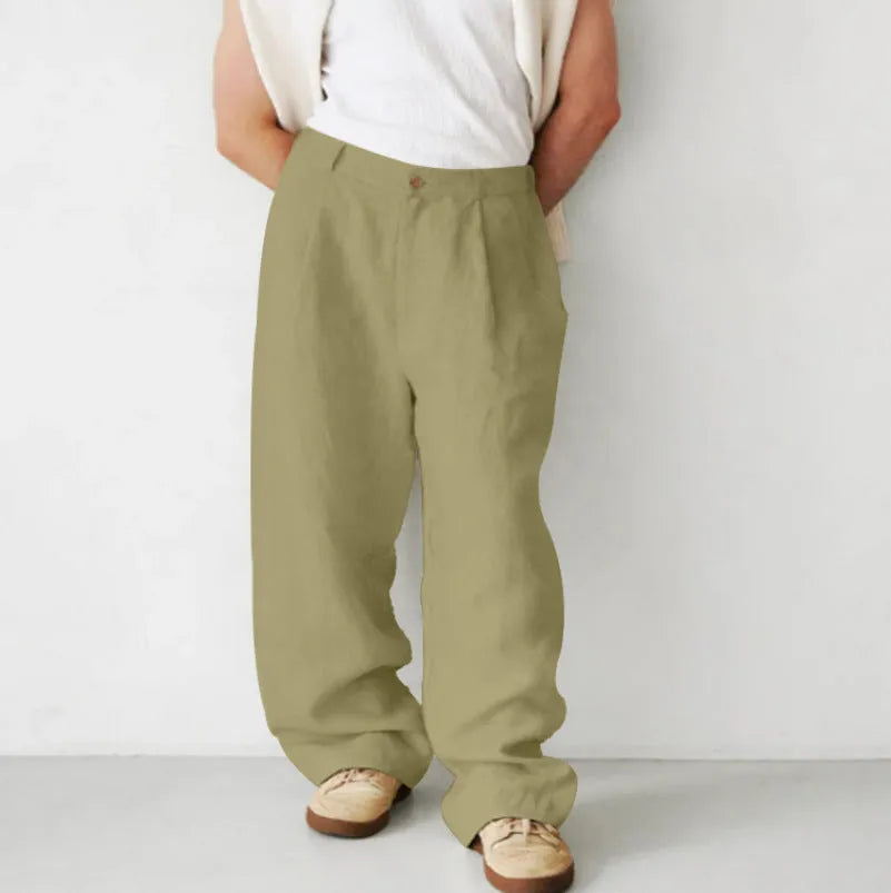 Men's loose high-waist linen jogger pants in a straight-leg cut, shown in a neutral colour.