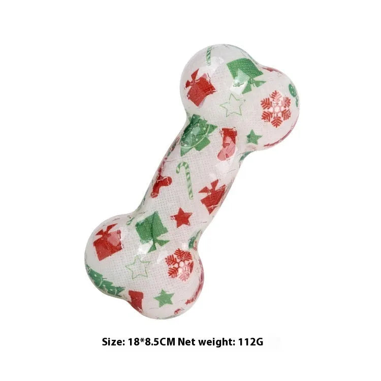 Printed bone-shaped TPR dog chew toy with squeaker in seasonal colour options