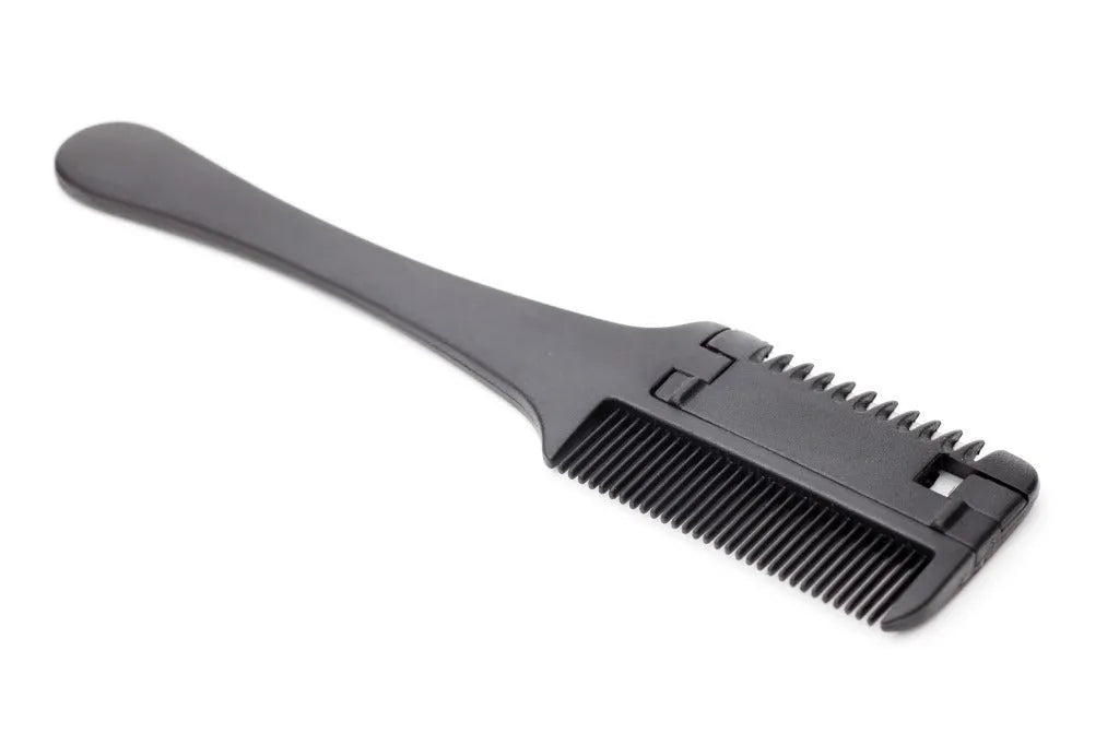 Stainless steel pet razor comb with detangling teeth and trimming blade, shown with spare blades.