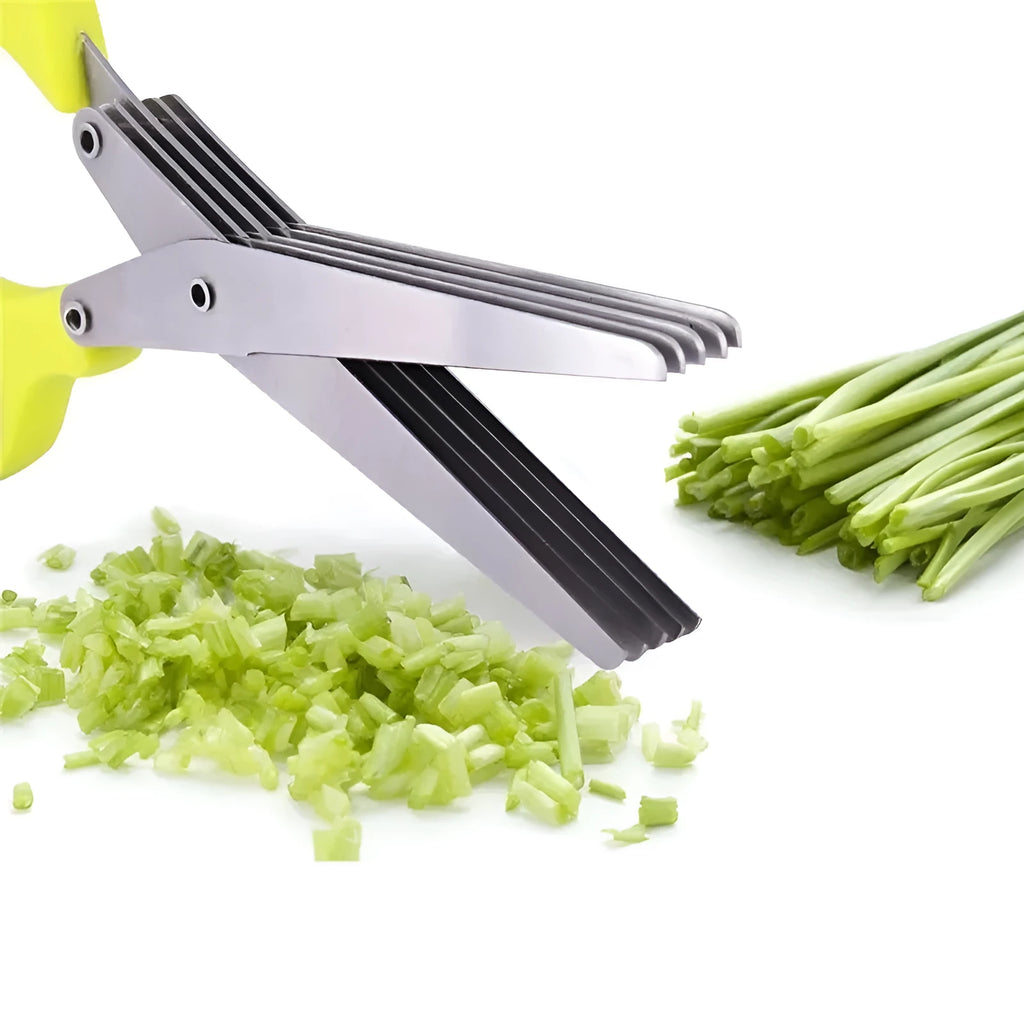 Green stainless steel multi-blade herb scissors with V-shaped design for cutting nori and green onions.