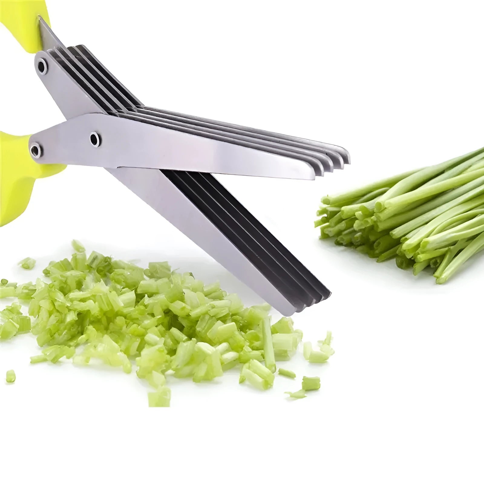 Green stainless steel multi-blade herb scissors with V-shaped design for cutting nori and green onions.