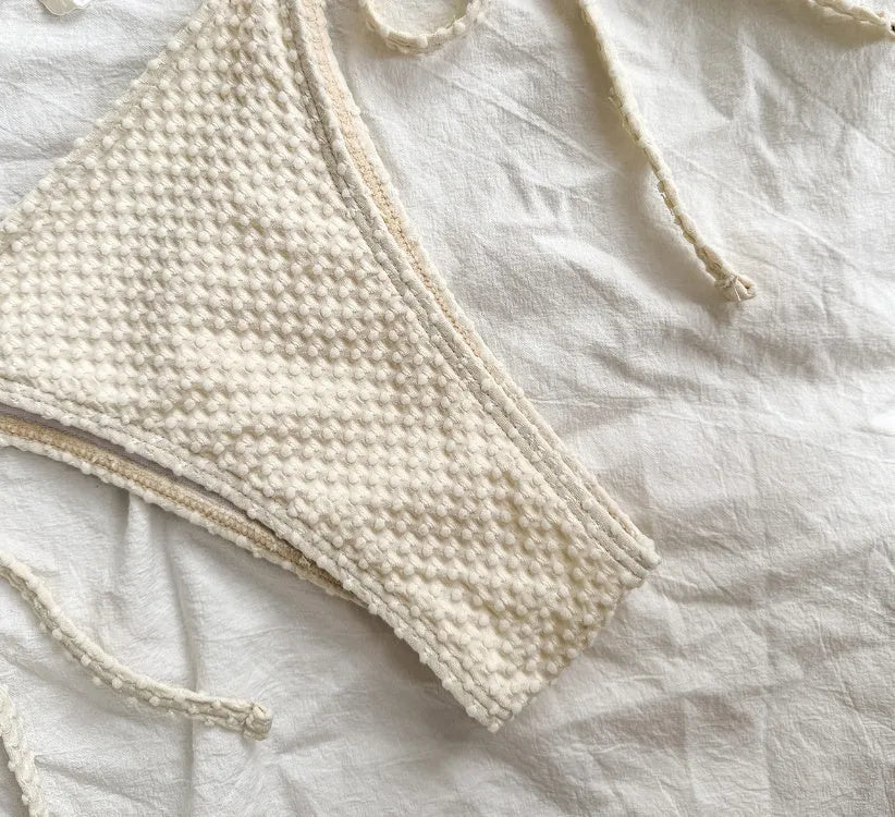 Women's halter lace-up bikini set in milky white, green or white colours