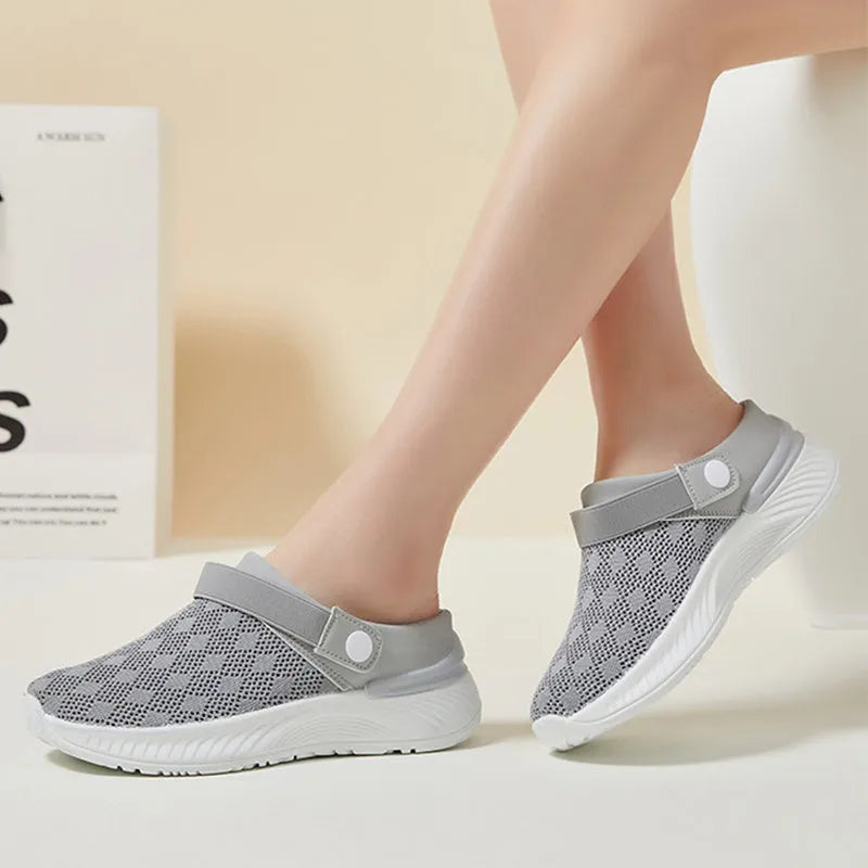 Women's breathable mesh sandals one-step slip-on round toe half-slip design with PVC sole