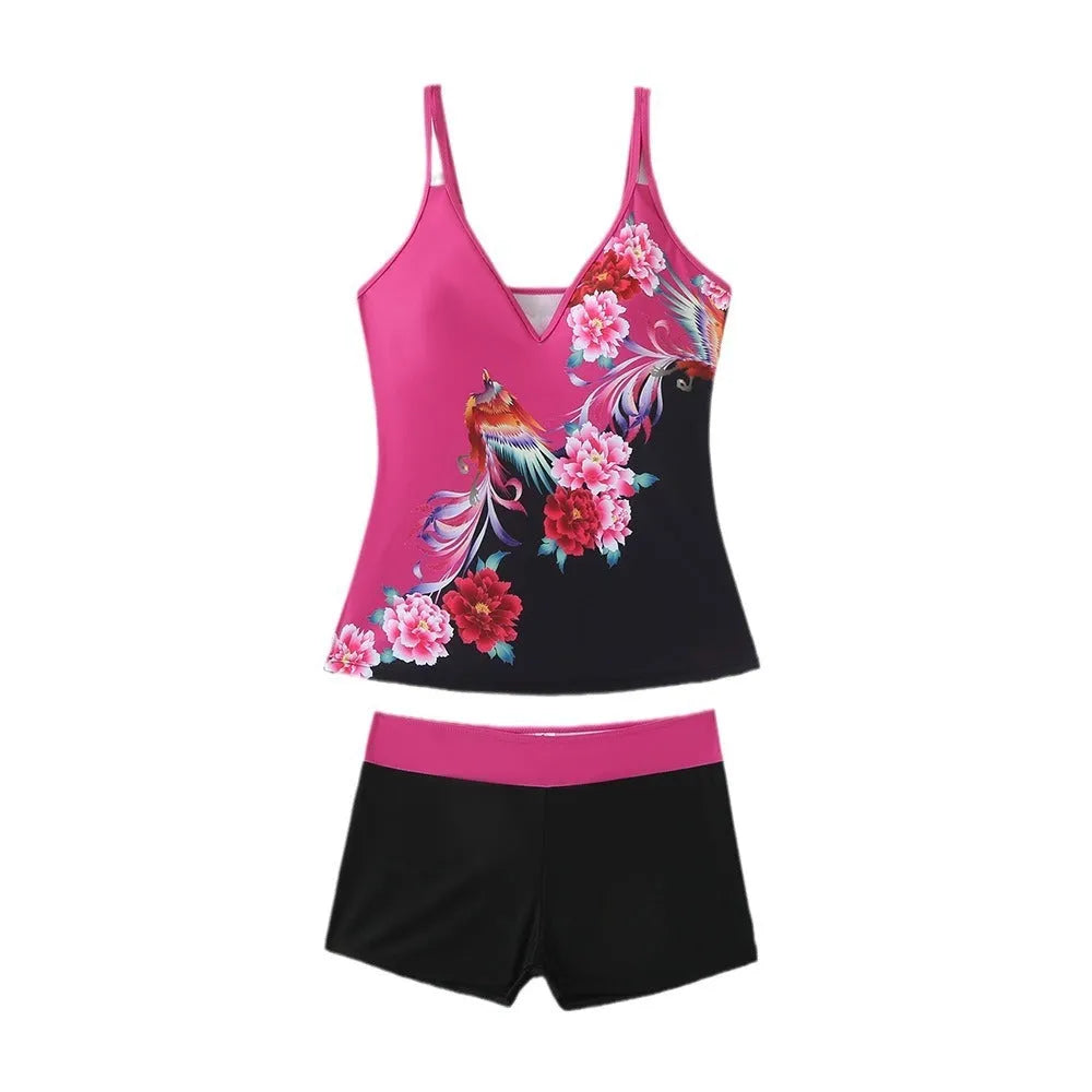 Plus size women's swimsuit set with printed briefs in black or rose red with matching swimming trunks