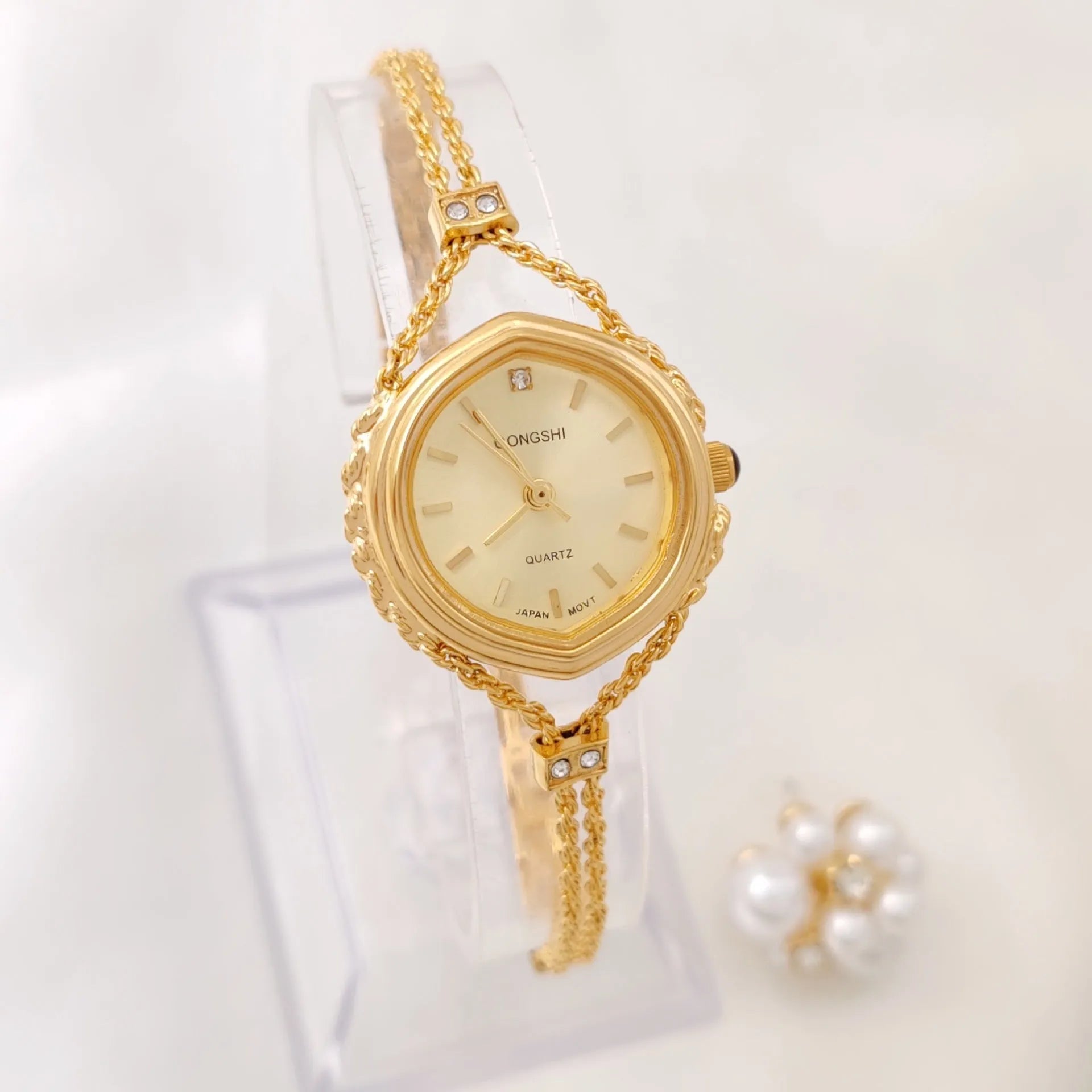 Gold and silver mori style ladies quartz watch with 25mm dial and chain strap