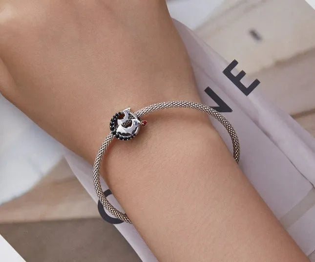 Halloween black zircon moon bead in 925 silver with dripping oil treatment, 1.6 x 1.3cm