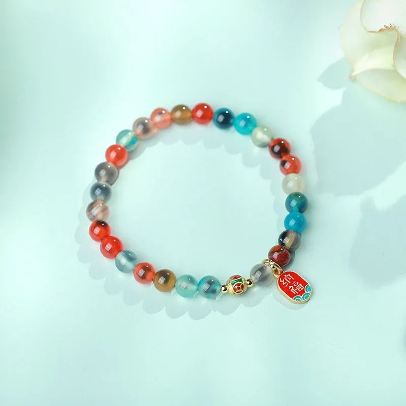 Natural colourful sugar heart agate and copper coin coloured glaze snake bracelet for women with traditional Chinese patterns