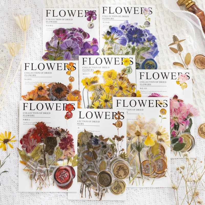 Set of dried flowers artistic stickers for journal decoration showing eight colour designs on 70mm PET sheets