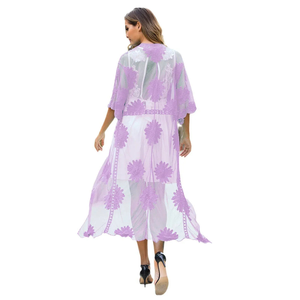 Light purple lace embroidery beach cardigan for women, designed for swimming and wading.