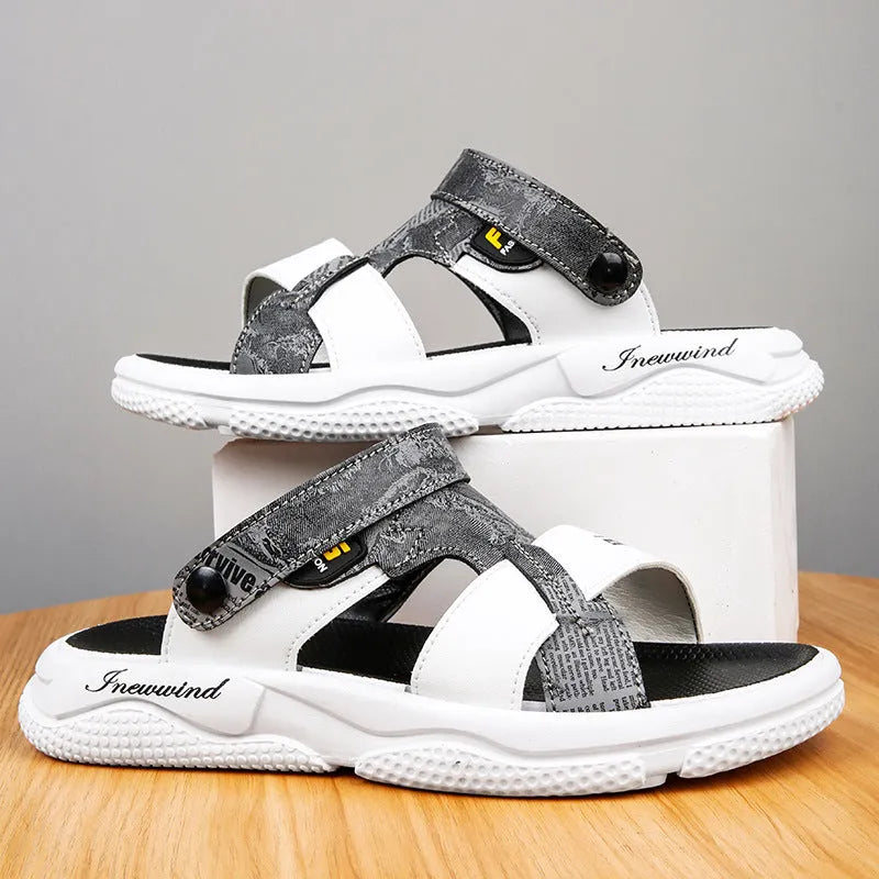 Men's summer open toe sandal in black with non-slip PVC sole and microfiber leather upper
