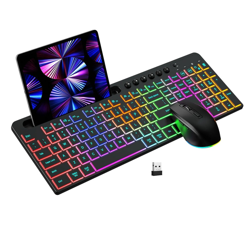 Black wireless keyboard and mouse set with card slot and luminous design elements