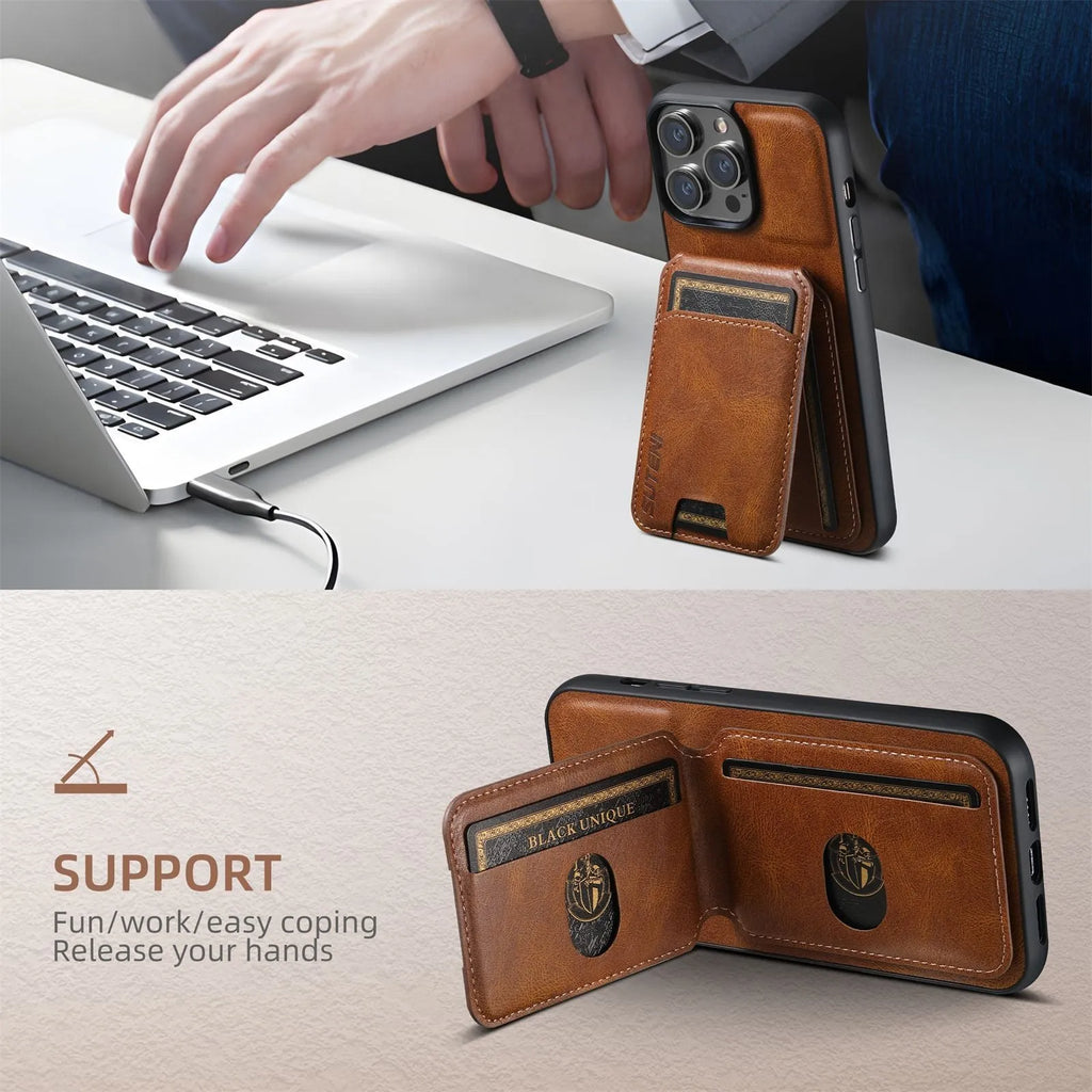 H02 Black PU leather card phone case with kickstand for iPhone, handmade TPU bumper wallet case