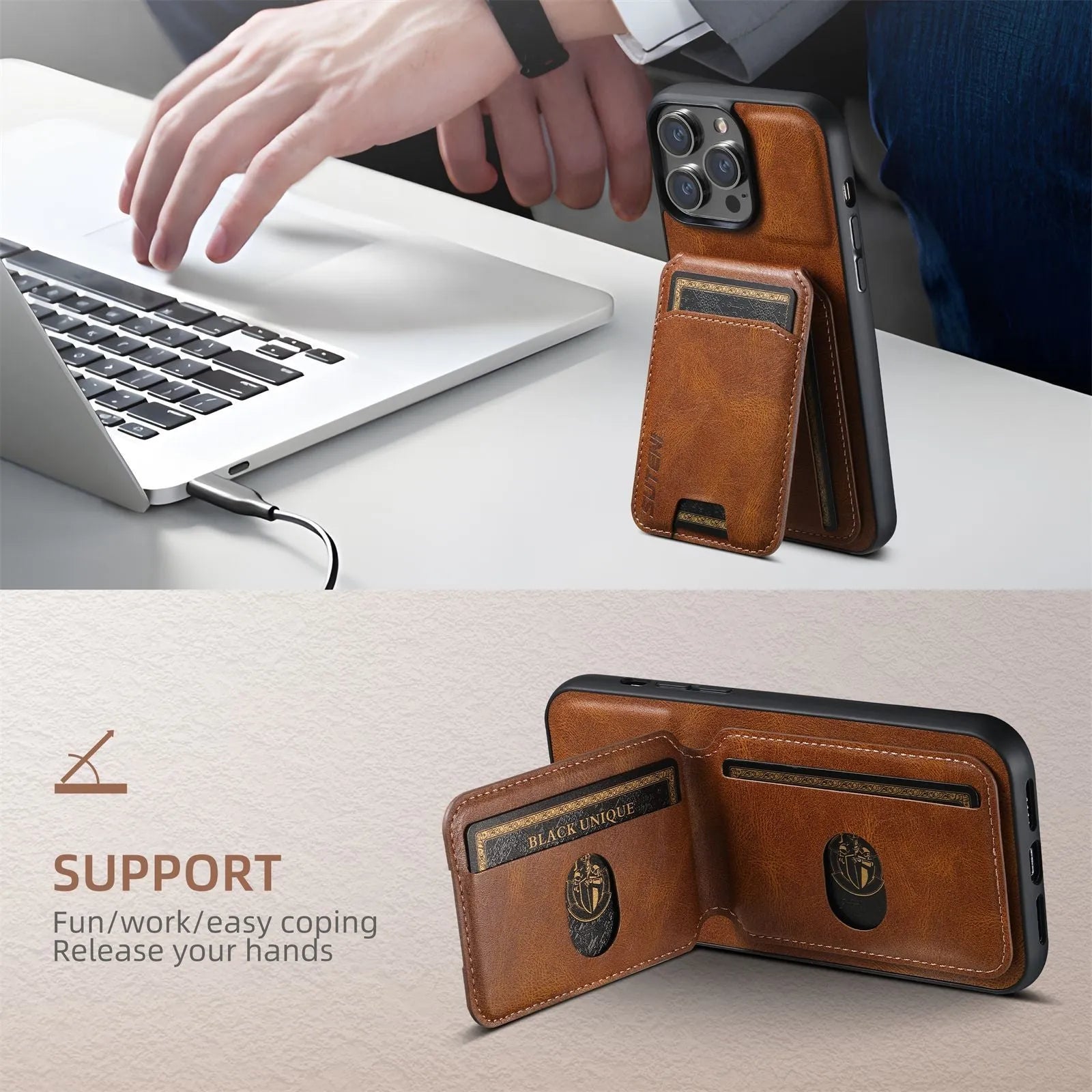 H02 Black PU leather card phone case with kickstand for iPhone, handmade TPU bumper wallet case