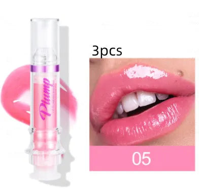 Tube of lip gloss showing shiny finish, available in six different colour shades.