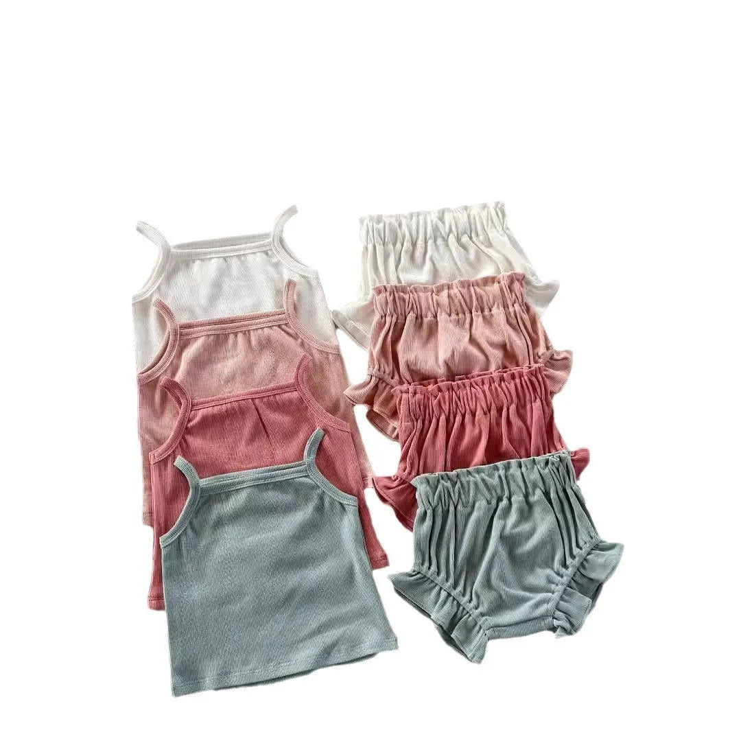 Thin rib cotton two-piece home wear set with sleeveless top and shorts in Rose colour for children 59cm to 100cm height