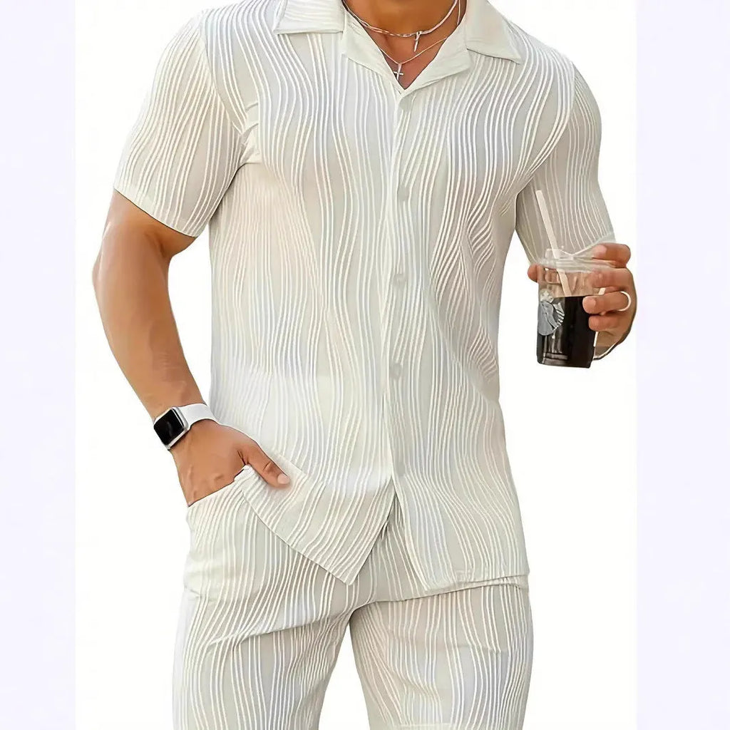 Men's black cotton blend short sleeve shorts set with wave pattern design