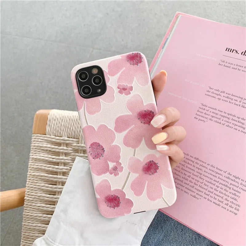 Pink flower phone case for iPhone with Japanese Korean design and soft rubber protective shell