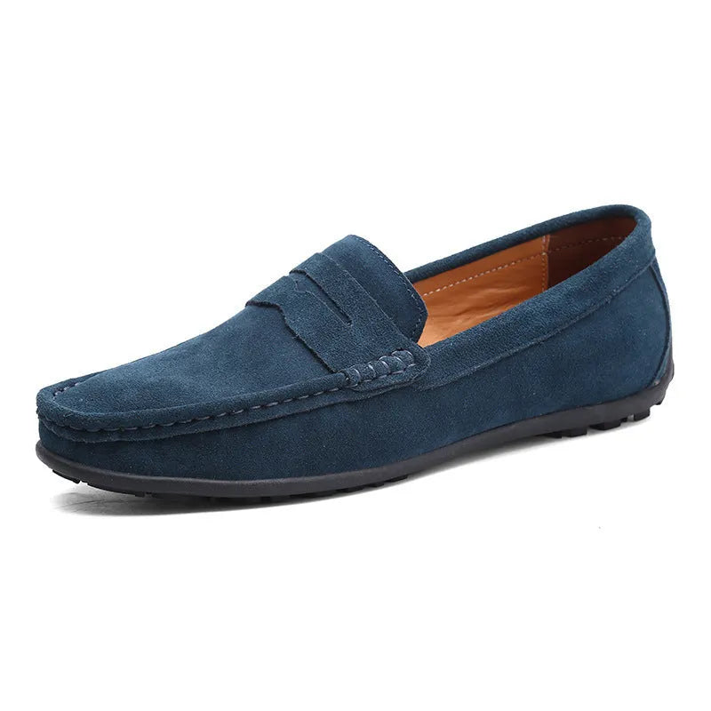 Men's brown suede Gommino loafers with round toe and flat rubber sole, plus size