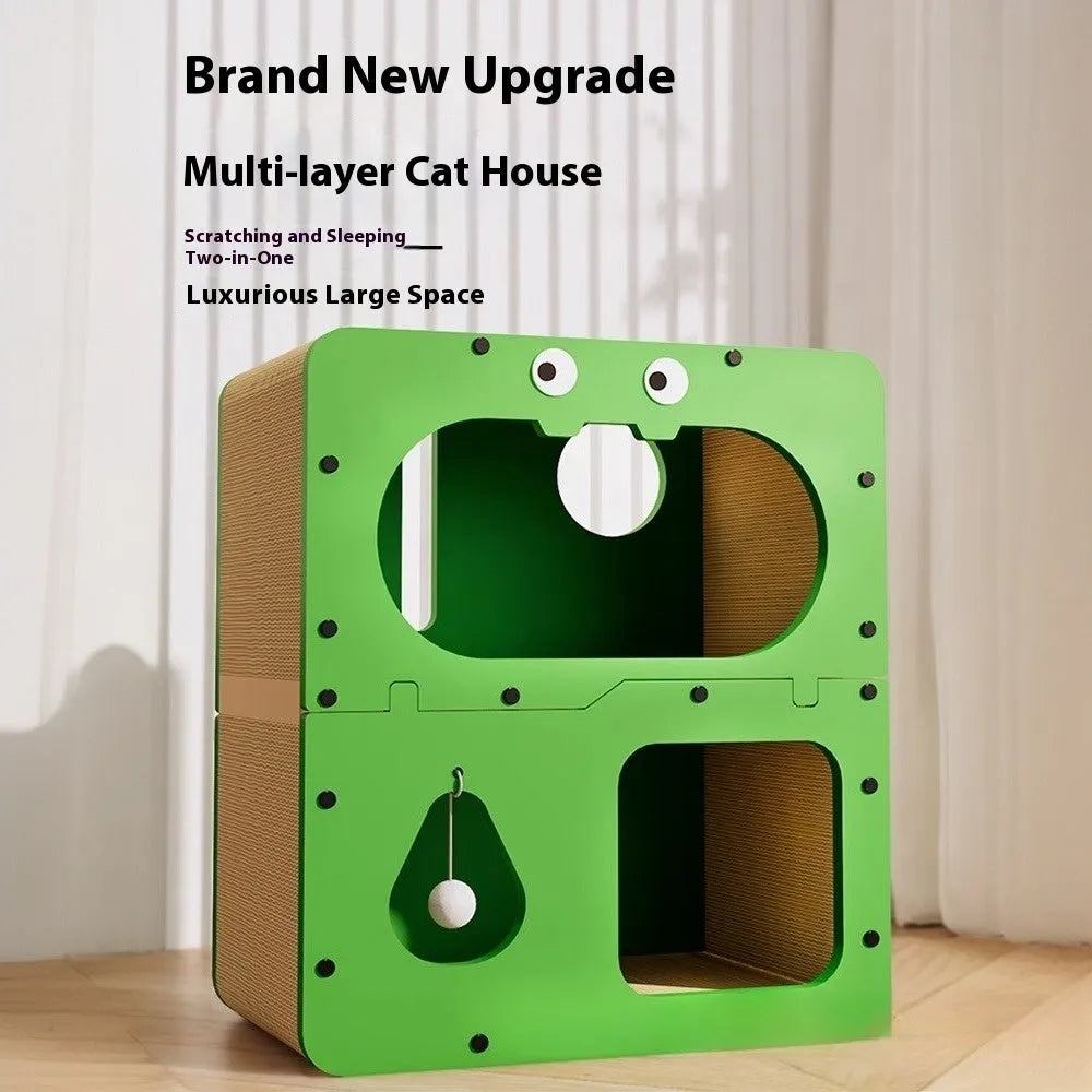 A double layer cat scratching board and nest in a cute owl design style