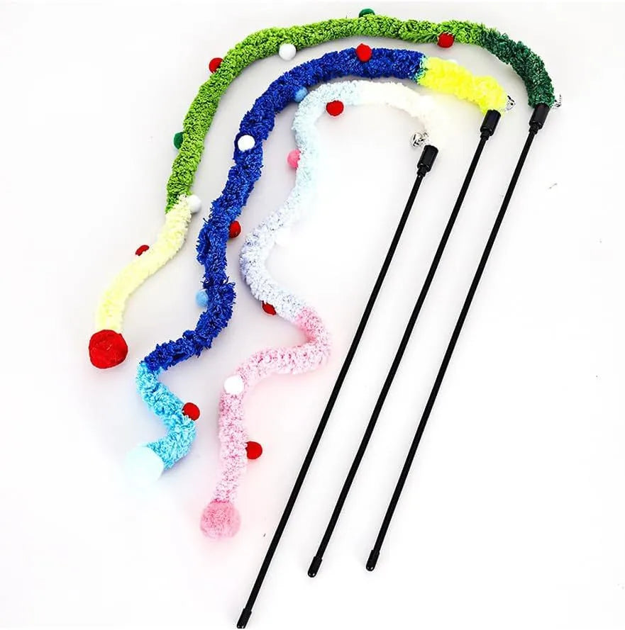 Blue green and pink plush strip cat teaser wand with bell on a 41cm pole