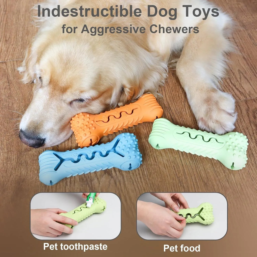Natural rubber bone-shaped dog chew toy in blue, green, or orange colours with textured surface for teeth cleaning