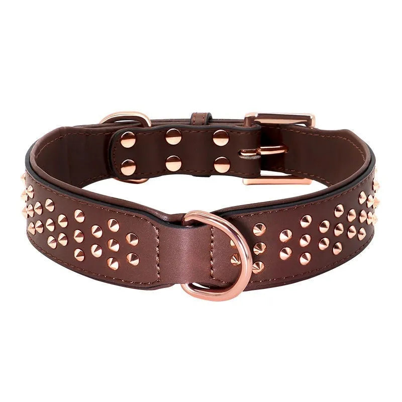 Leather dog collar with stainless steel rivets in black, chocolate, and pink colour options.