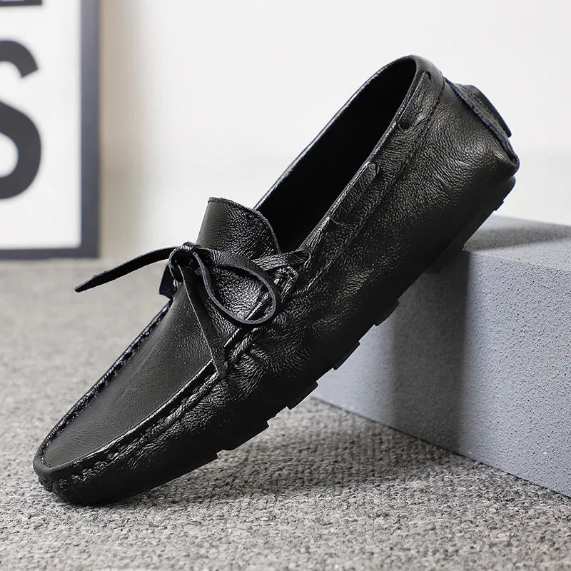 Summer men's genuine leather casual shoes in brown with sewing line detail