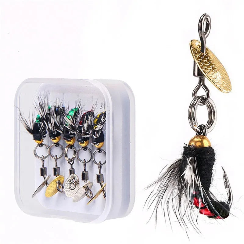 Five bionic mosquito fishing hooks with spinning sequins in multicoloured poisonous patterns