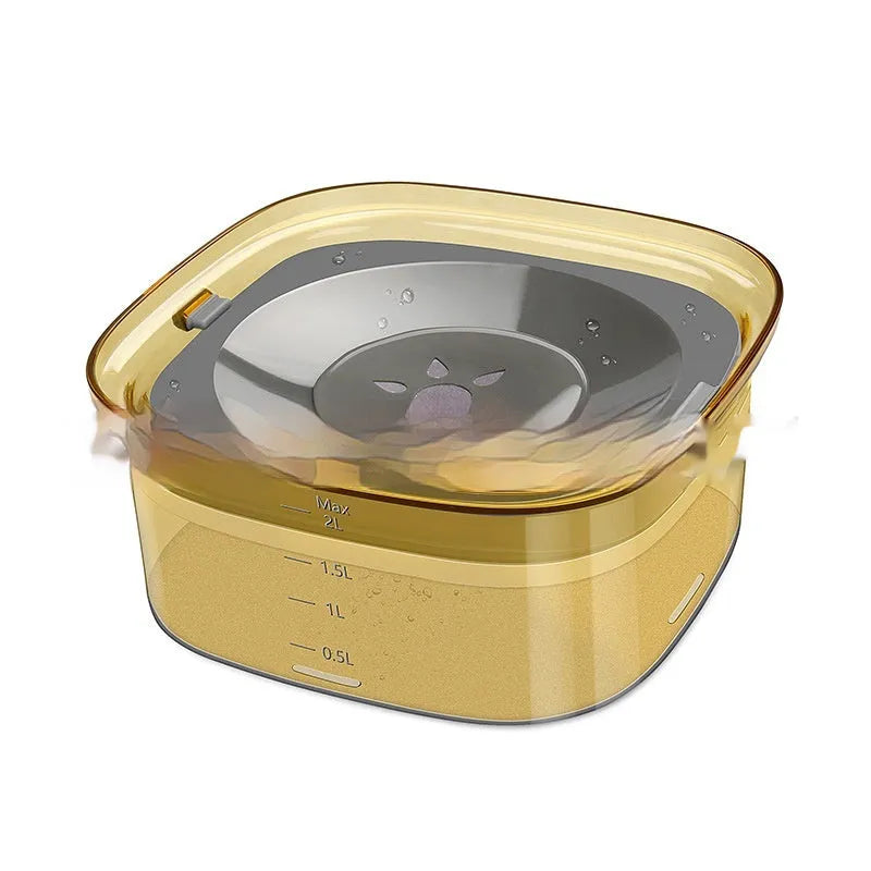 Transparent plastic pet water bowl with floating disc showing water level and non-slip base