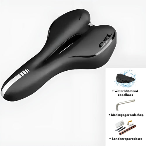Bicycle saddle cushion with soft silicone padding and waterproof cover, includes wrench and tyre repair kit