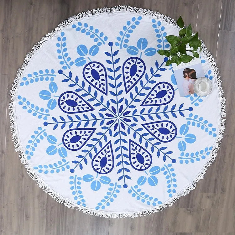 Fringed round beach towel 150x150 cm in flower colour made from polyester microfiber