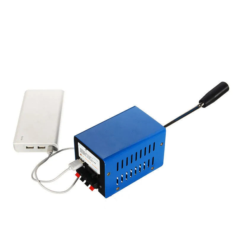 Blue metal USB emergency hand crank generator showing voltage selection panel and compact 125mm size