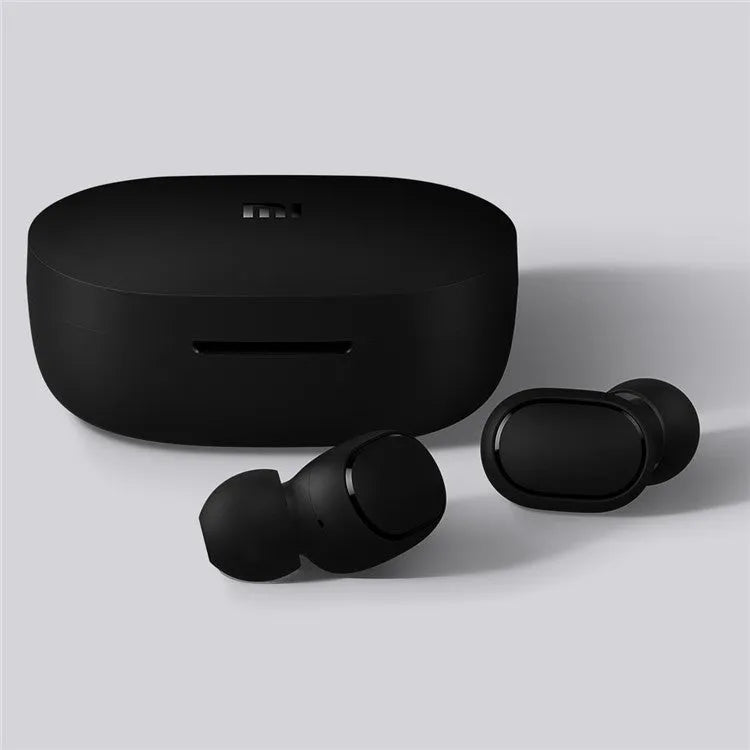 Redmi AirDots 2 black true wireless earbuds next to their compact charging case on a white background.
