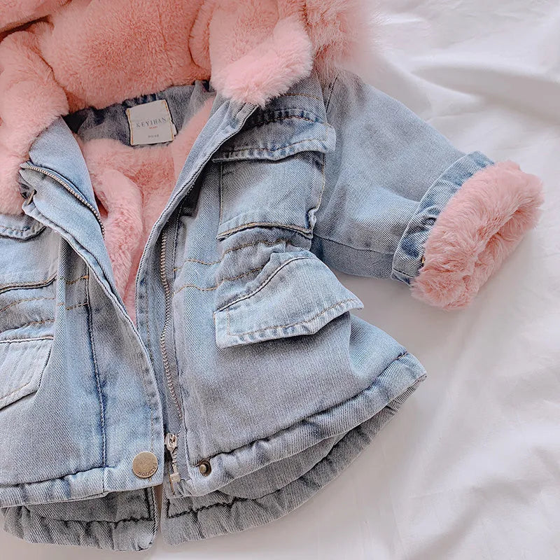 Girl's blue denim coat with an attached hood and plus velvet lining, shown on a hanger.