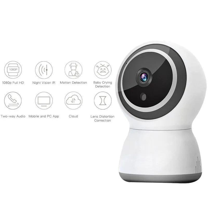 Tuya wireless indoor security camera with 1080P HD, night vision, and PTZ control in black