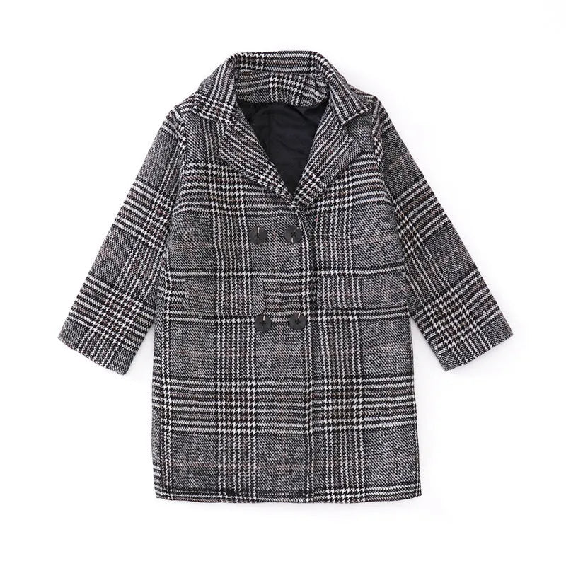 Girls grey and white houndstooth plaid coat with suit collar and long sleeves.