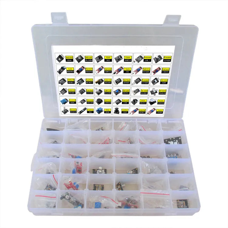 37-in-1 sensor kit modules for Arduino including relay, microphone, temperature, and infrared sensors on a table