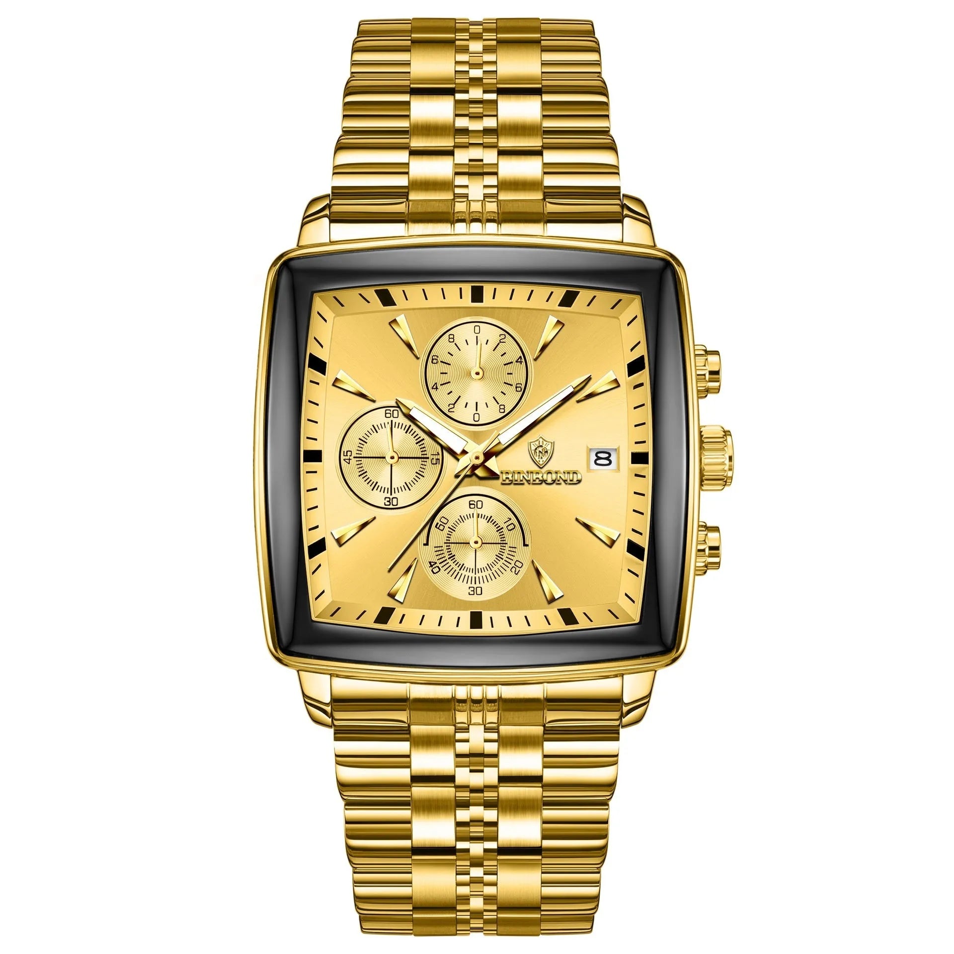 Men's rectangular quartz watch with luminous dial, stainless steel strap, and metal case in business styling