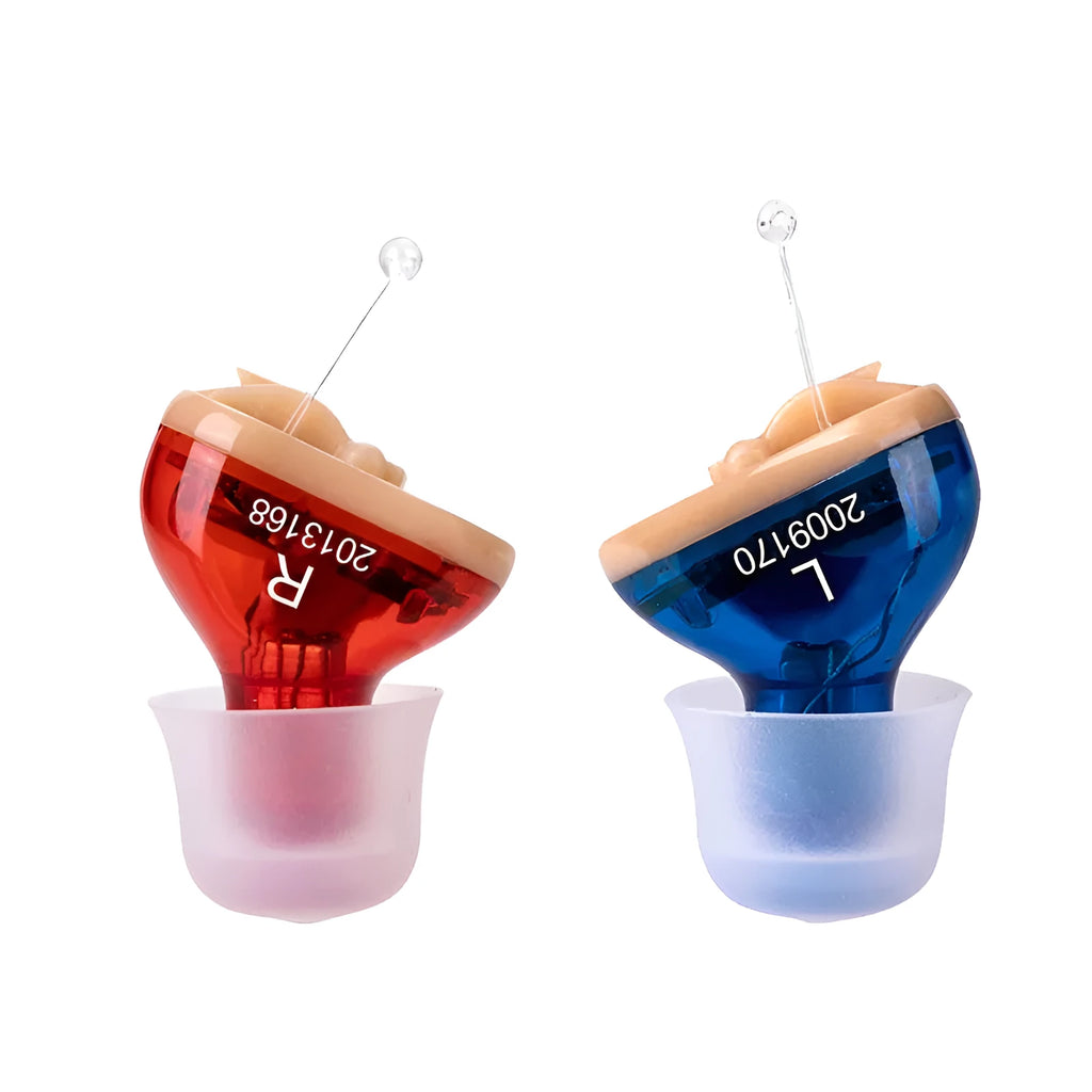 Q10 mini invisible CIC hearing aid in red or blue, showing size compared to a finger, with included earphones and batteries.