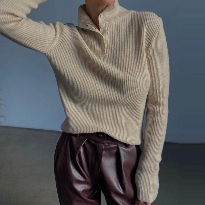 Women's slim-fit retro pullover sweater with a half-turtleneck neckline and single-breasted placket in silver grey.