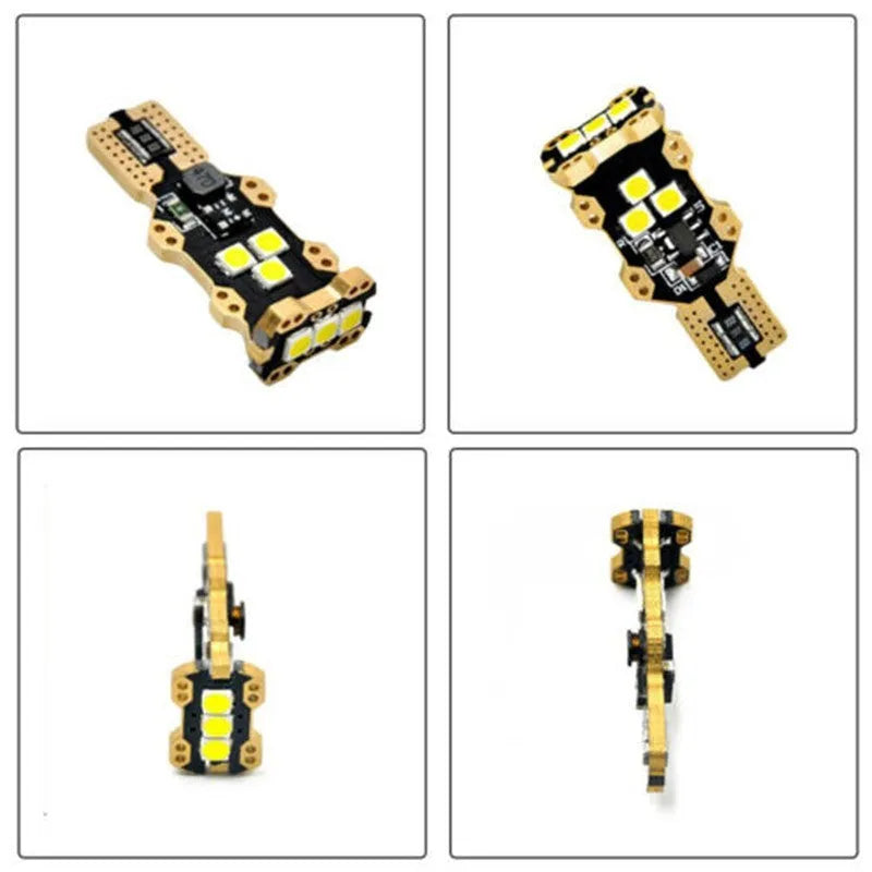 Single white T15 automotive reverse light bulb with PVC housing on a plain background.