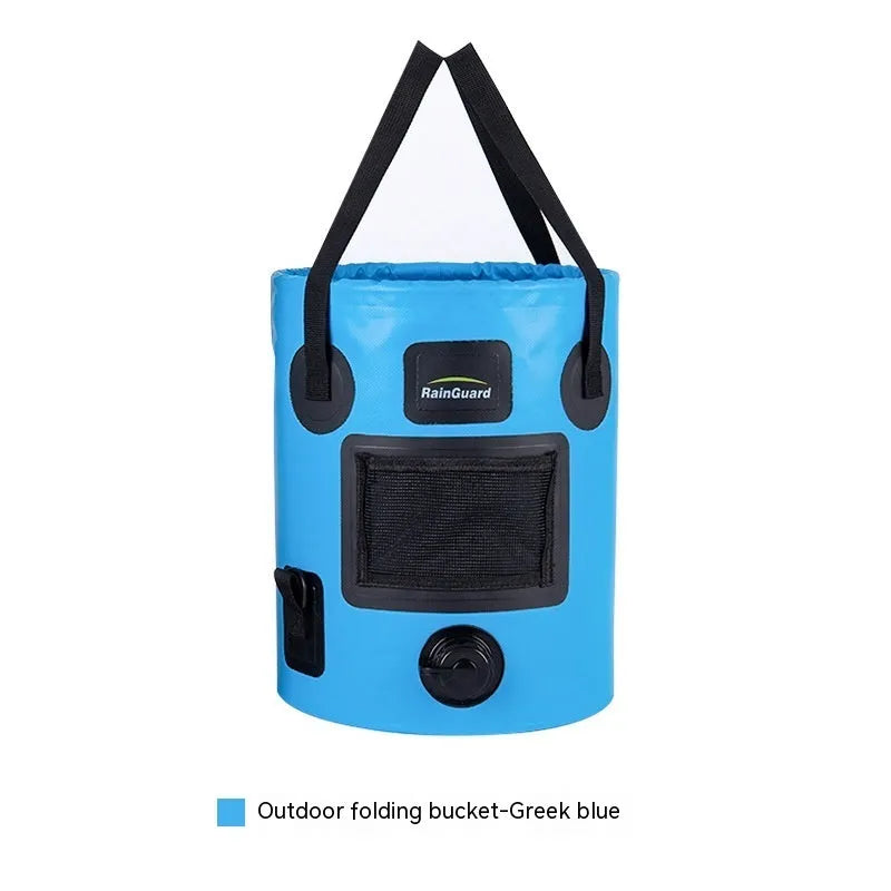 25-litre folding plastic outdoor fishing bucket shown in lemon yellow colour with optional built-in mesh net pocket