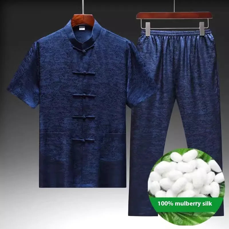 Traditional Chinese-style mulberry silk Tang suit for men in light green.