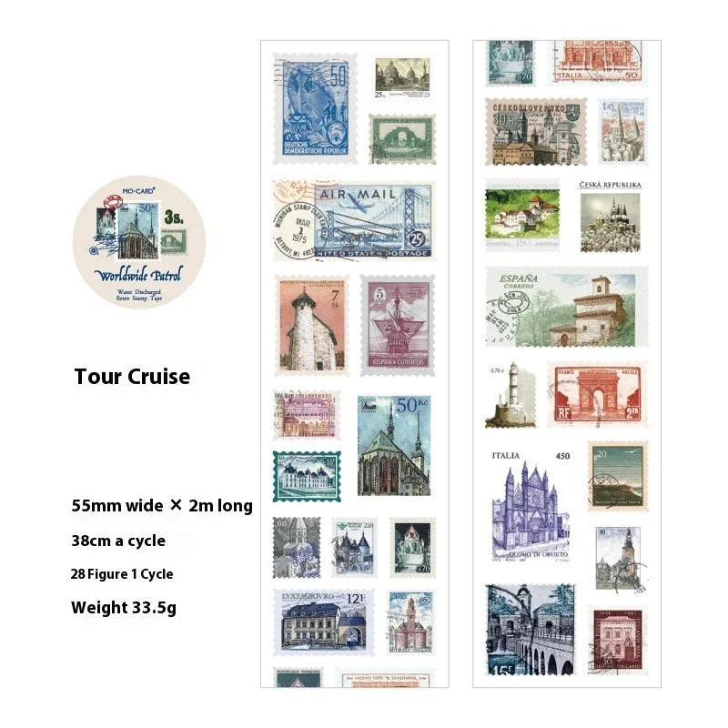 Coated paper stamp roll for retro journal decoration, 55mm wide, 2m long, four colour collections