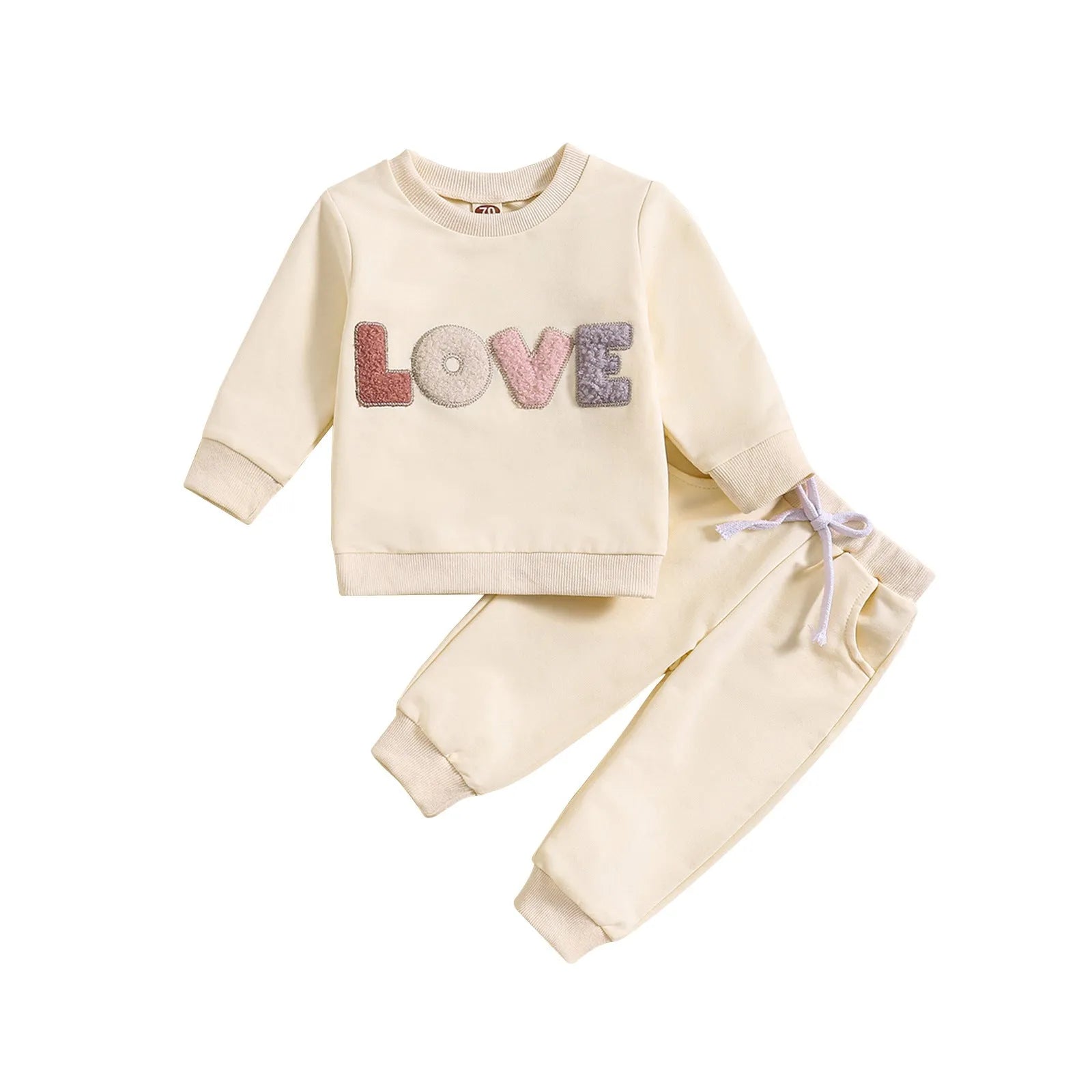 Boys and girls spring autumn cotton suit in apricot with cartoon print and letter design, top and trousers set for 70-110cm height