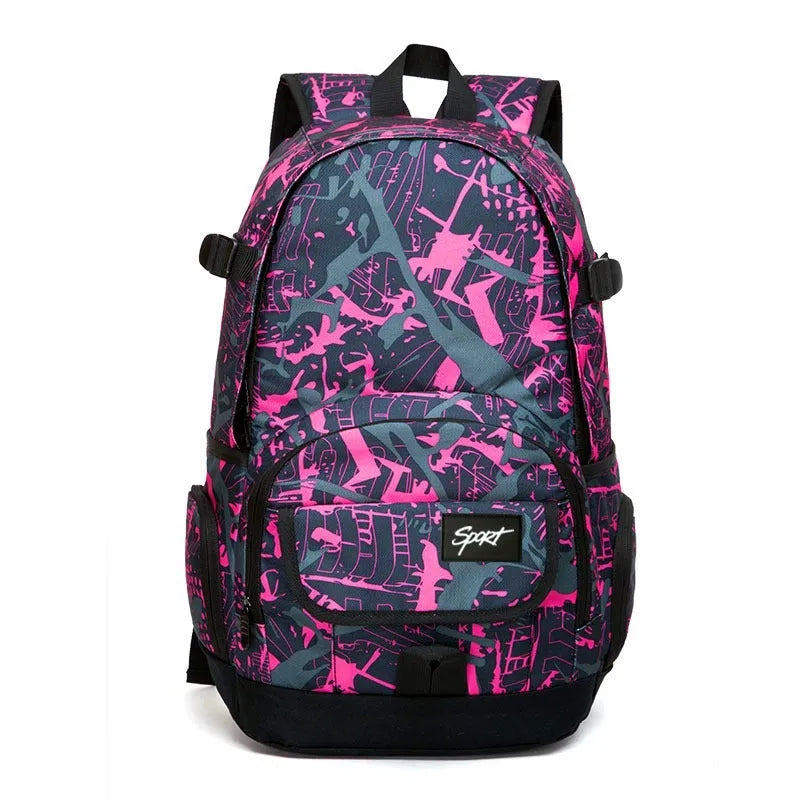 Blue and red classic nylon backpack showing front view and multiple compartments