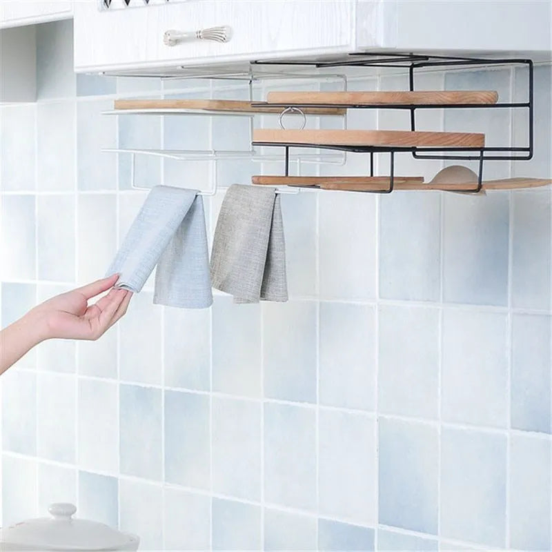 Double layer iron kitchen towel and chopping board rack hanging under a cabinet, black colour, nail-free installation