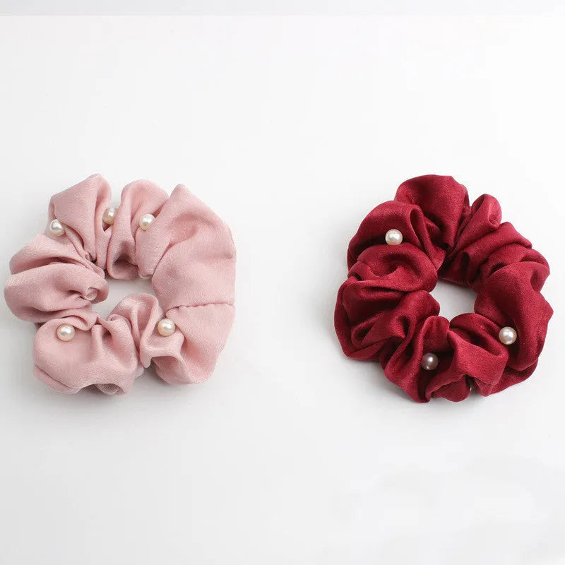 Set of 6 cloth-covered rubber hair rings in black, dark blue, grey, light blue, pink, and red