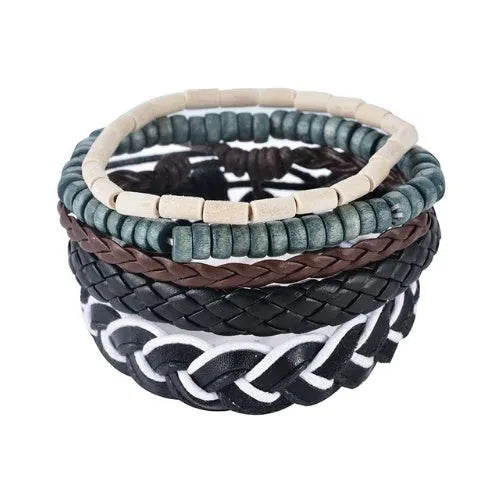 Handmade adjustable leather wrap bracelet with wooden beads on a wrist.