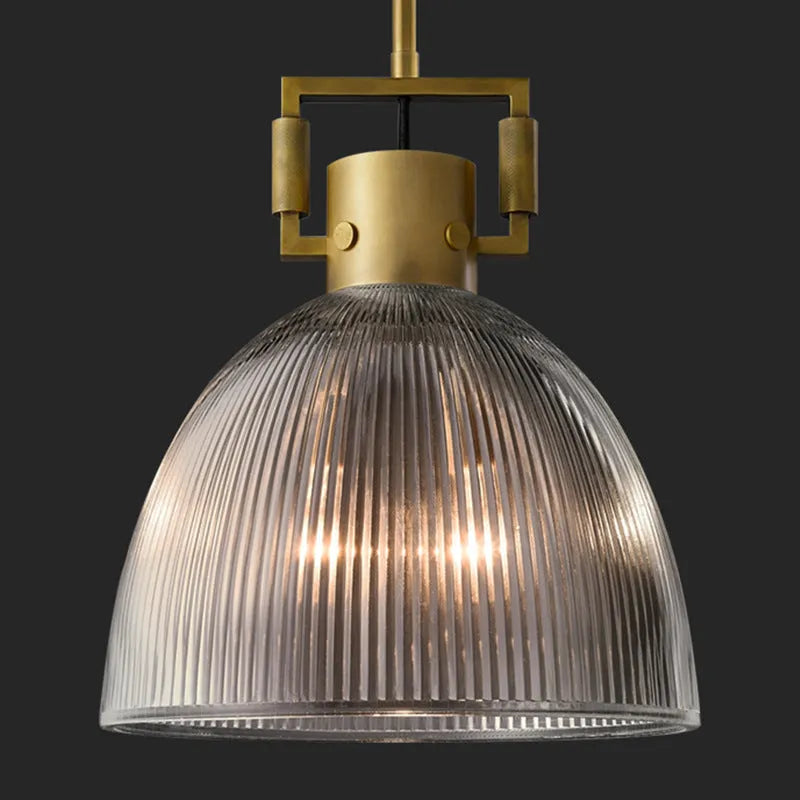 American retro striped glass chandelier with copper metal frame and transparent glass cover, 36cm diameter